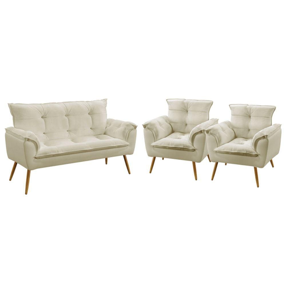 Kit Poltrona Namoradeira e 2 Poltronas Decorativas Beta Sued Bege Aradecor