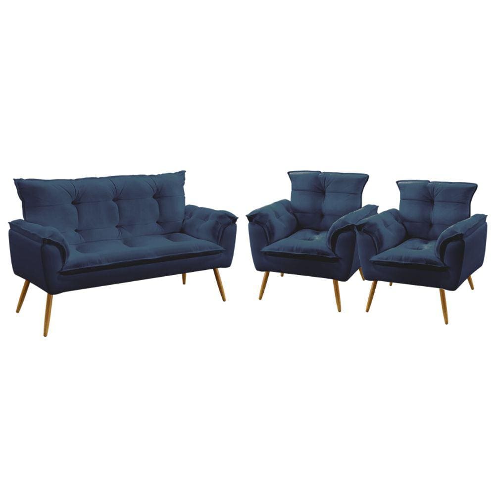 Kit Poltrona Namoradeira e 2 Poltronas Decorativas Beta Sued Azul Marinho Aradecor