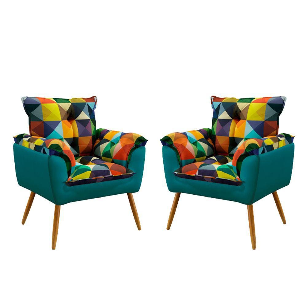 Kit 2 Poltronas Decorativas Beta Sued Estampado Colorido com Azul Turquesa Aradecor