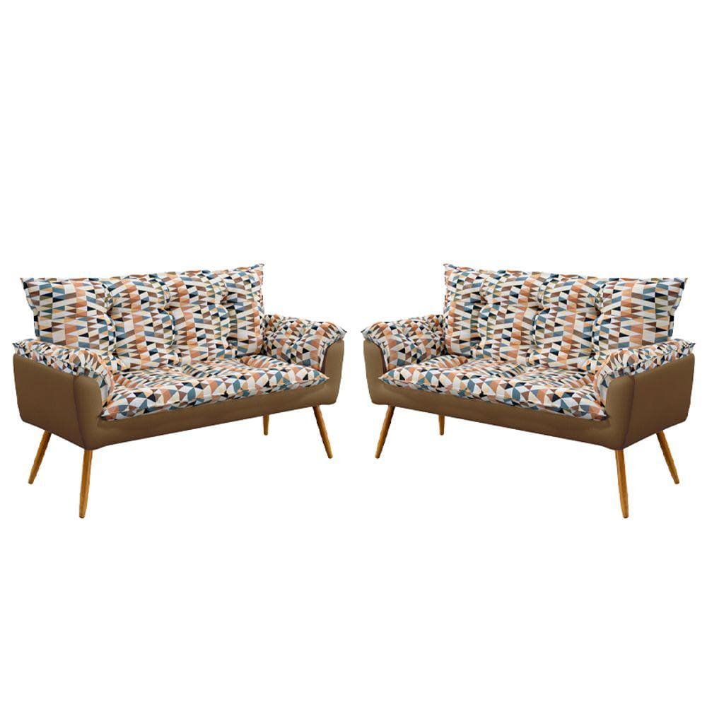 Kit 2 Poltronas Decorativas Namoradeira Beta Sued Estampado Laranja com Capuccino Aradecor