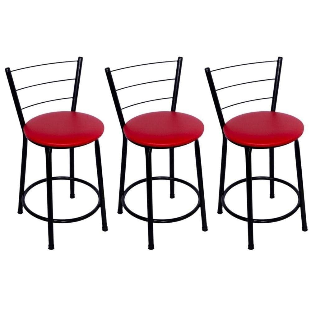Kit 3 Banquetas Baixas Preta com Encosto Assento Vermelho