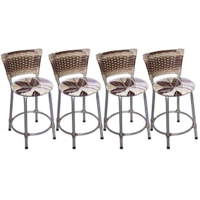 Kit 4 Banquetas Baixas Prata com Encosto Junco Capuccino Assento Floral Marrom