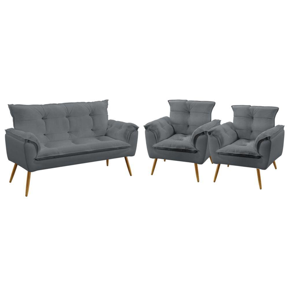 Kit Poltrona Namoradeira e 2 Poltronas Decorativas Beta Sued Cinza Aradecor