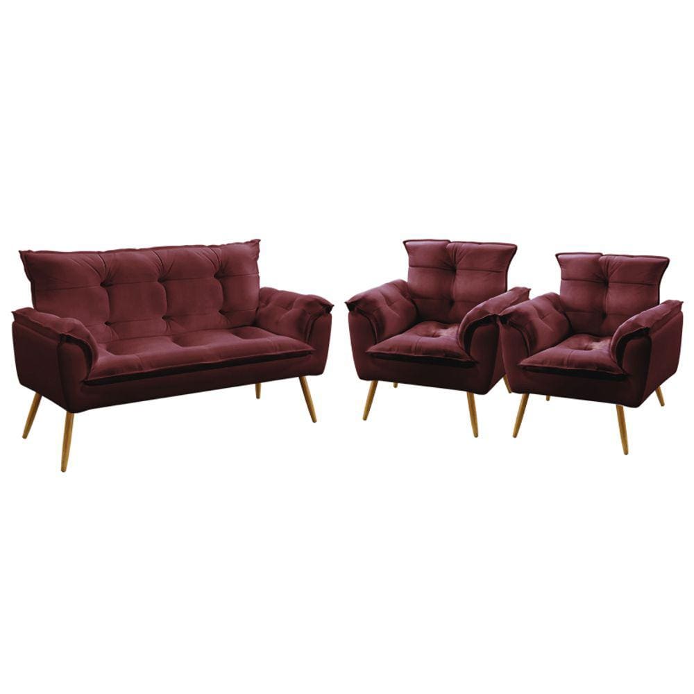 Kit Poltrona Namoradeira e 2 Poltronas Decorativas Beta Sued Bordô Aradecor