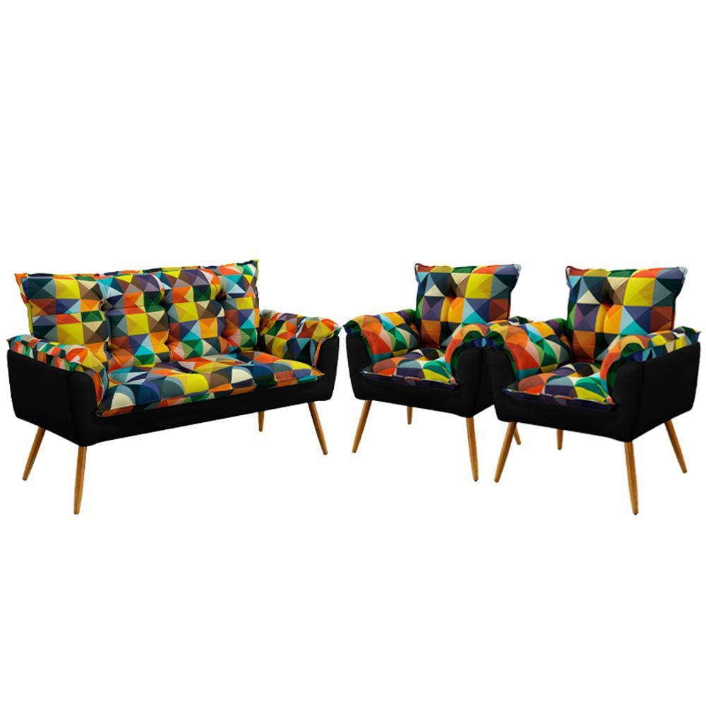 Kit Poltrona Namoradeira e 2 Poltronas Beta Sued Estampado Colorido com Preto Aradecor