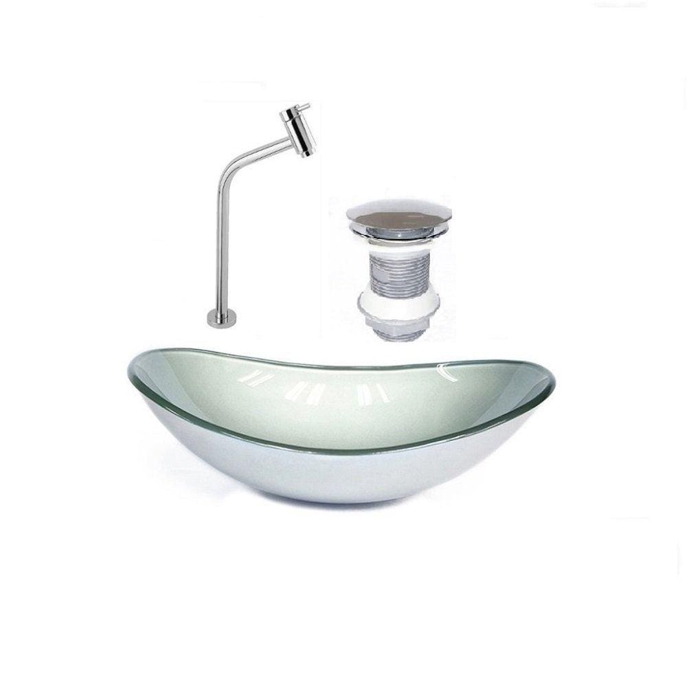 Kit Cuba de Vidro + Torneira+ Válvula para Lavatório Oval 38cm Prata