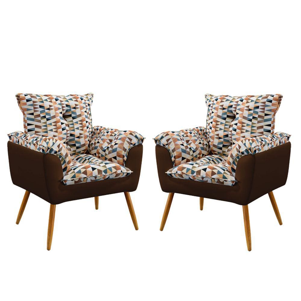 Kit 2 Poltronas Decorativas Beta Sued Estampado Laranja com Marrom Aradecor