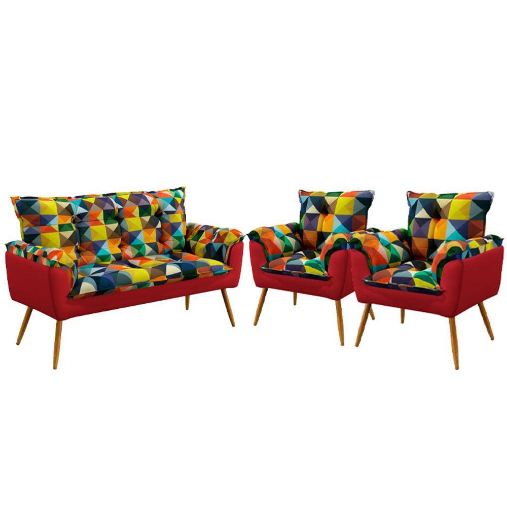 Kit Poltrona Namoradeira e 2 Poltronas Beta Sued Estampado Colorido com Vermelho Aradecor