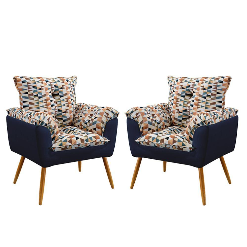 Kit 2 Poltronas Decorativas Beta Sued Estampado Laranja com Azul Marinho Aradecor