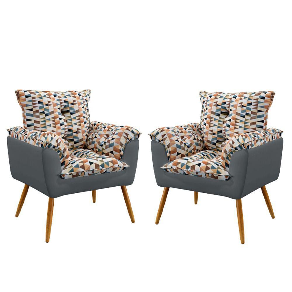 Kit 2 Poltronas Decorativas Beta Sued Estampado Laranja com Cinza Aradecor