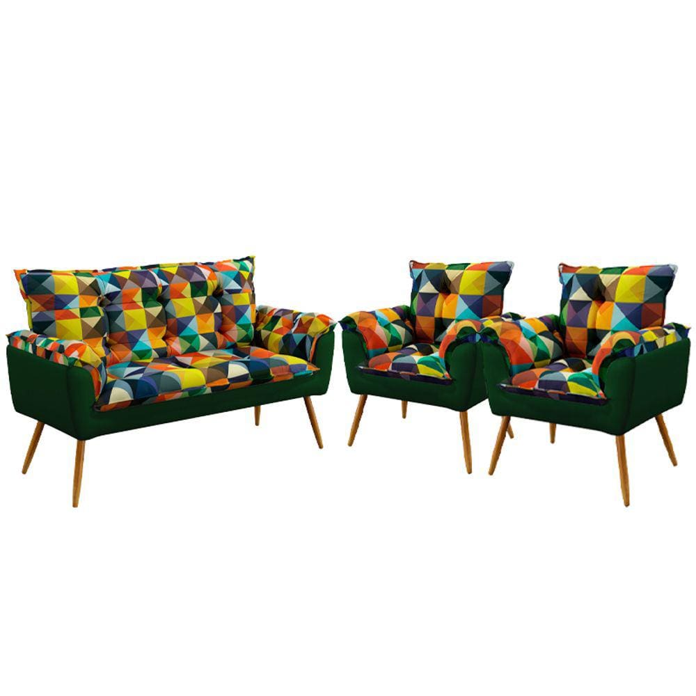 Kit Poltrona Namoradeira e 2 Poltronas Beta Sued Estampado Colorido com Verde Aradecor