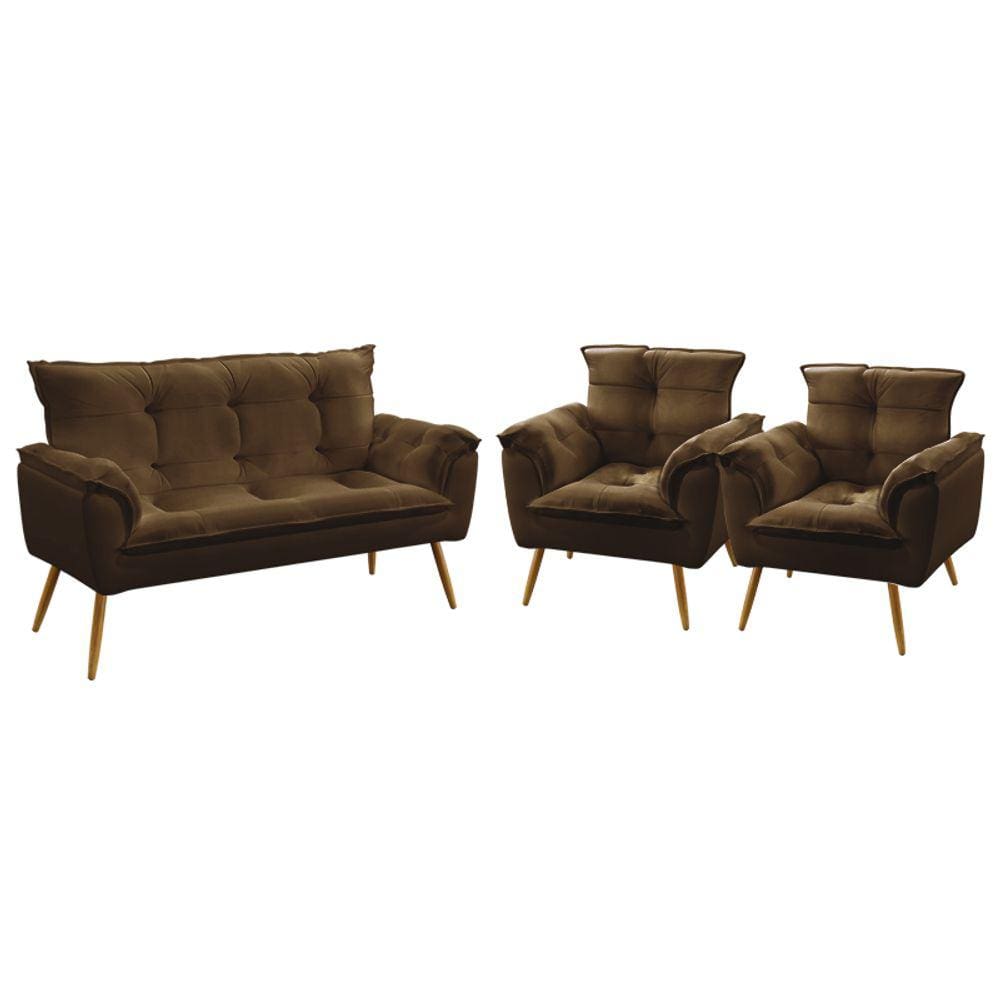 Kit Poltrona Namoradeira e 2 Poltronas Decorativas Beta Sued Marrom Aradecor