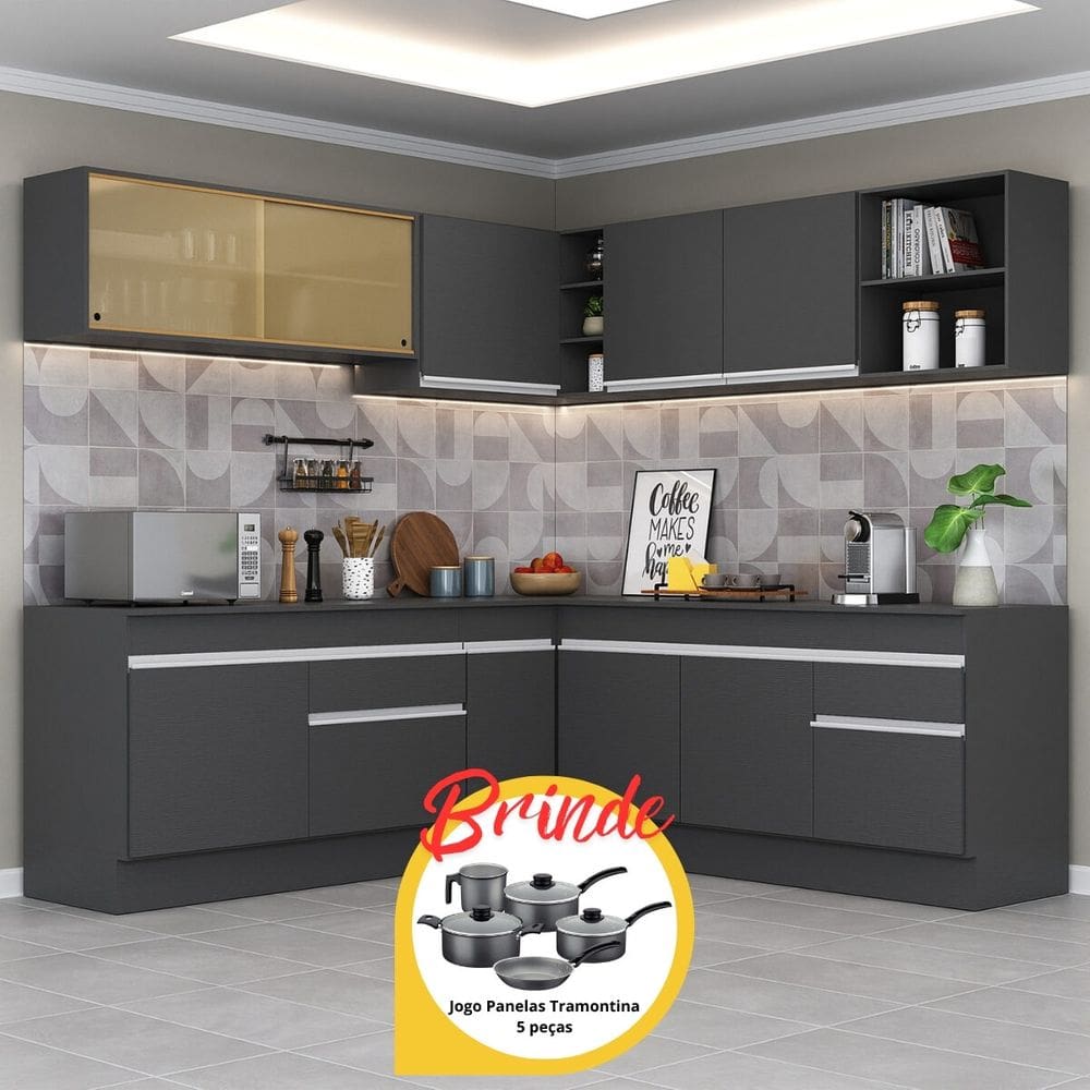 Armário de Cozinha Completa de Canto com Rodapé Veneza Multimóveis MP2096.898 Preto/Branco