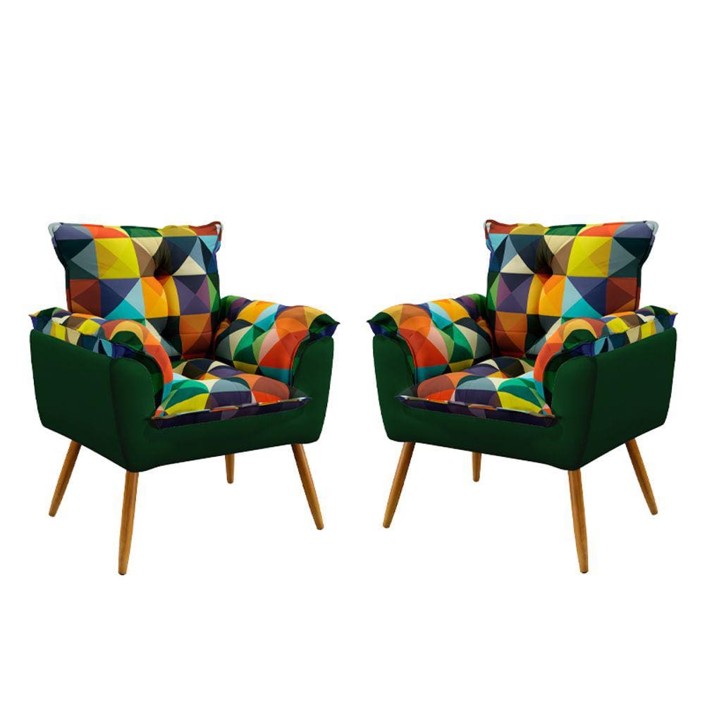 Kit 2 Poltronas Decorativas Beta Sued Estampado Colorido com Verde Aradecor