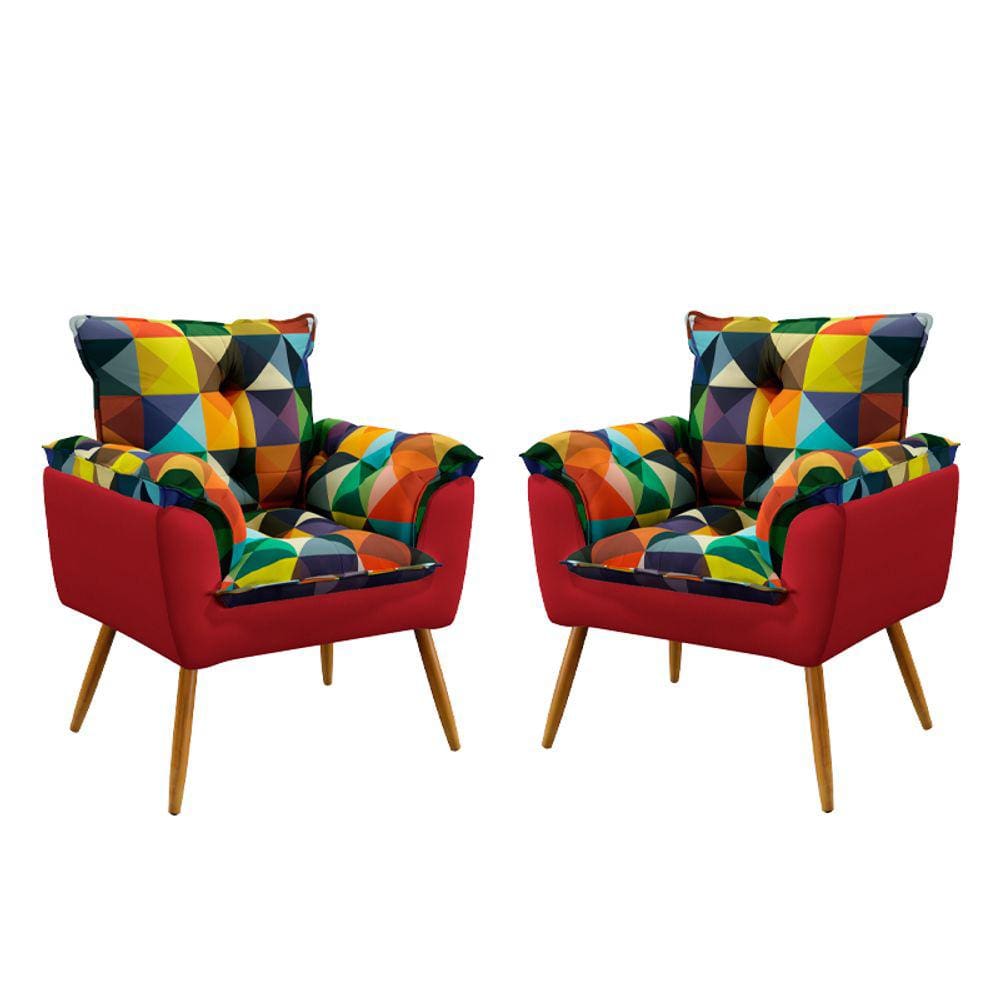 Kit 2 Poltronas Decorativas Beta Sued Estampado Colorido com Vermelho Aradecor