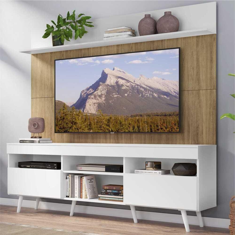 Rack com Painel TV 65” Madri Multimóveis Branco/Rustic com Prateleira e Pés Retrô Branco