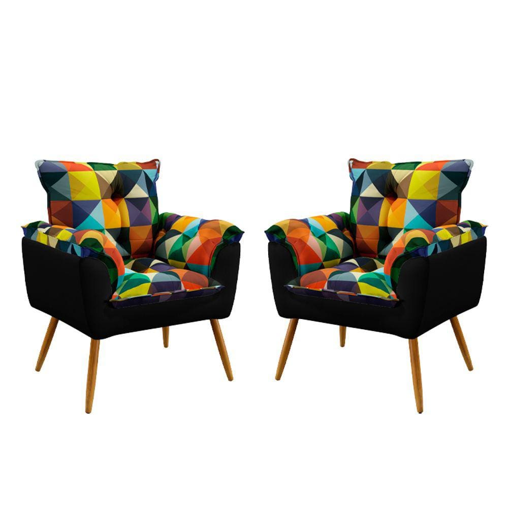 Kit 2 Poltronas Decorativas Beta Sued Estampado Colorido com Preto Aradecor