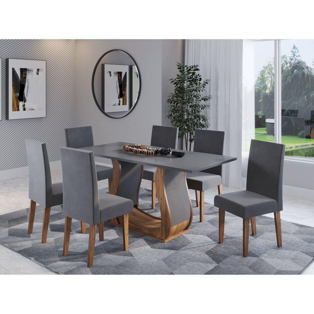 Mesa de Jantar Retangular Royale com 6 Cadeiras Venus Imbuia/Cinza Brilho/Grafite