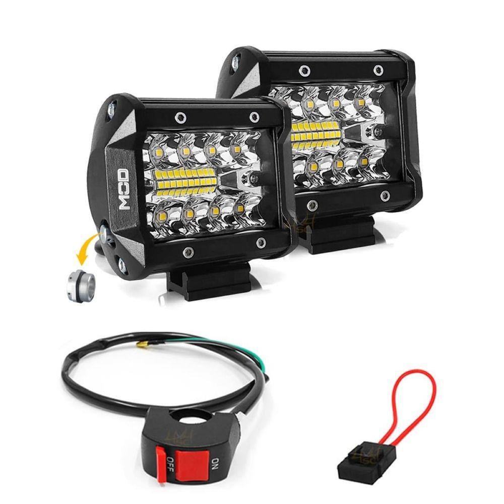 Farol Milha LED Auxiliar Mod LEDs 60W Lente 8D 6500K Foco Spot e Flood 9,5cm Par com Interruptor de Guidão