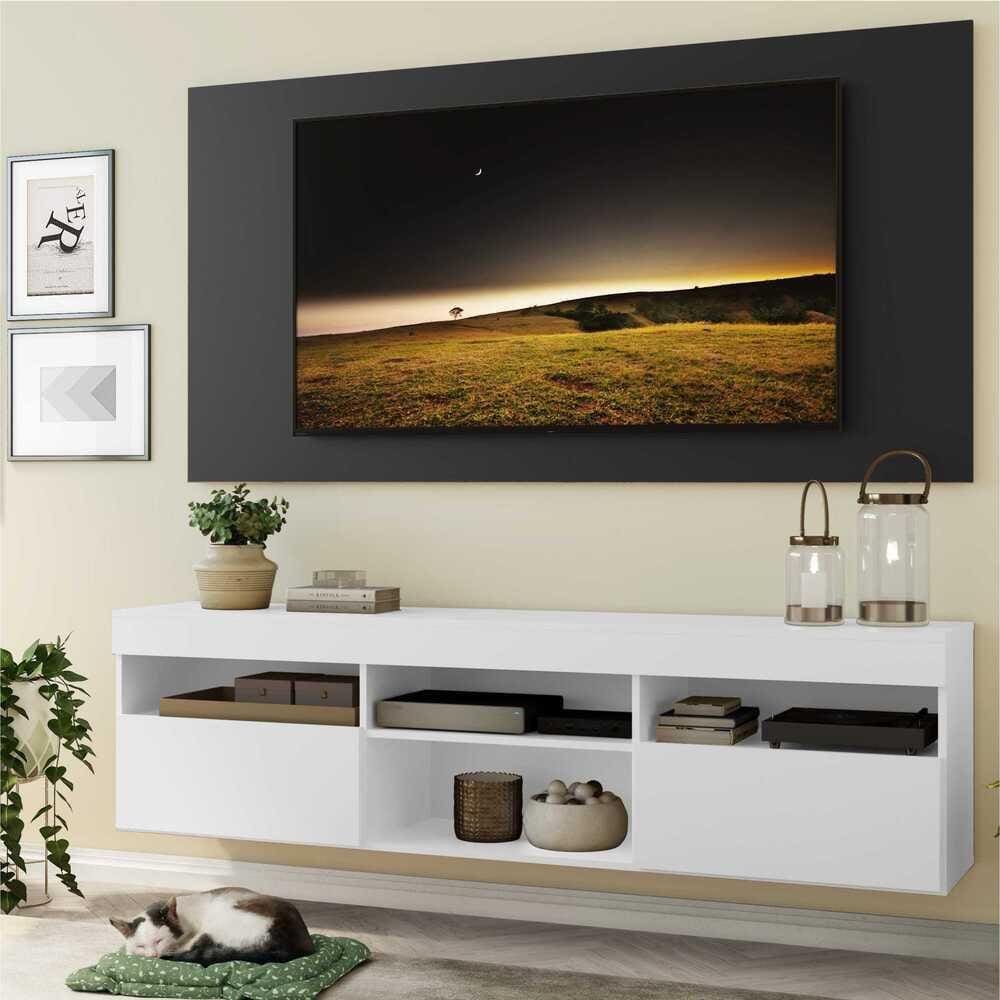 Rack com Painel e Suporte para TV até 65” Suspenso com 2 Portas Londres Multimóveis Branco/Preto