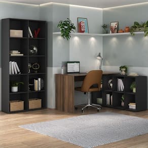Conjunto para Escritório e Home Office com Mesa em L com Nichos e Estante com Nichos Preto/Ipê