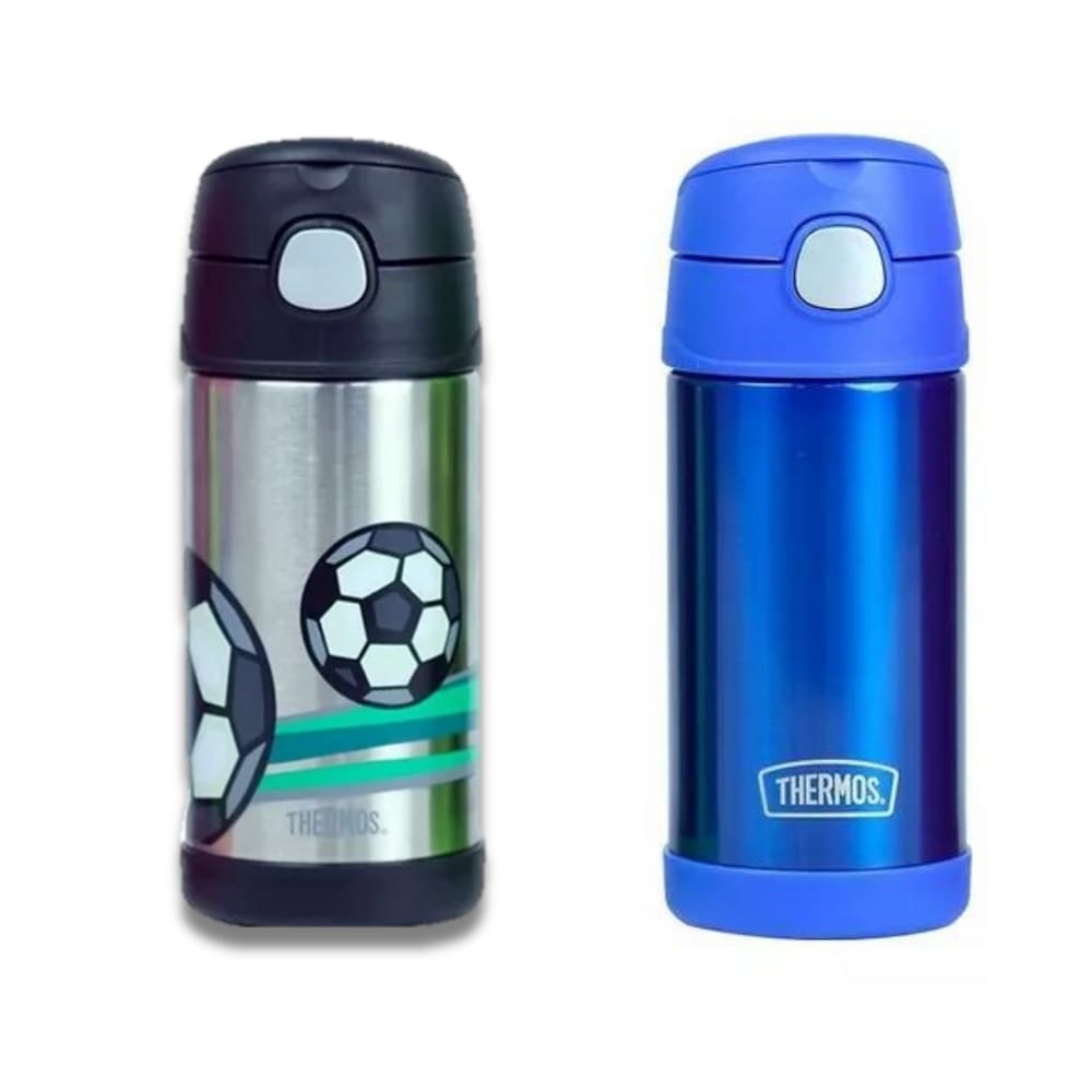 Kit 2 Garrafa Térmica Infantil Inox 355ml Canudo Com Alça Azul e Bola