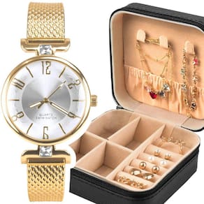 Relogio feminino banhado aço + porta joia + pulseira social qualidade premium prova dagua