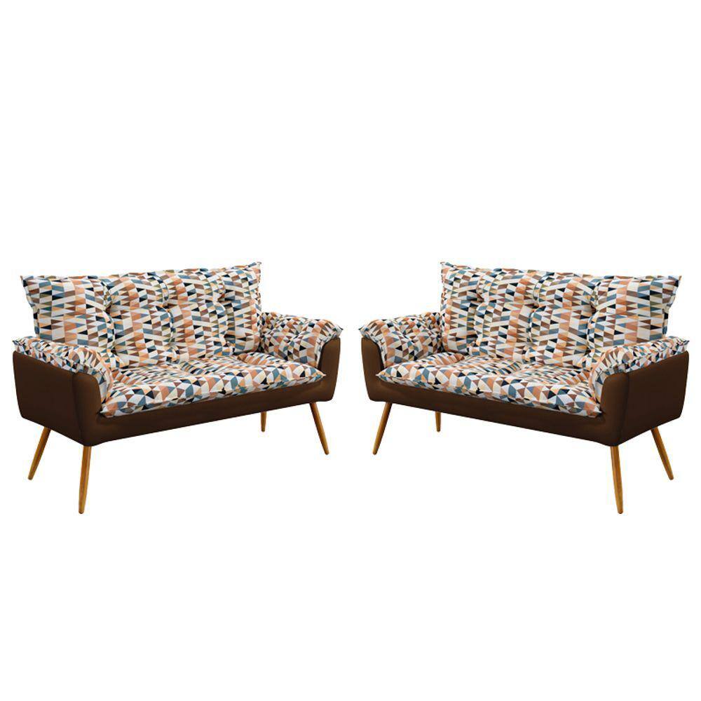 Kit 2 Poltronas Namoradeira Beta Sued Estampado Laranja com Marrom Aradecor