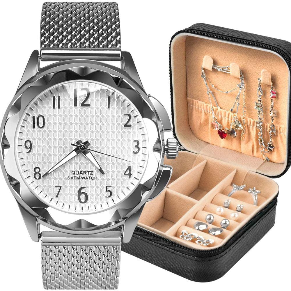 Relogio feminino prova dagua + pulseira + brincos + porta joia prata social pulseira ajustavel