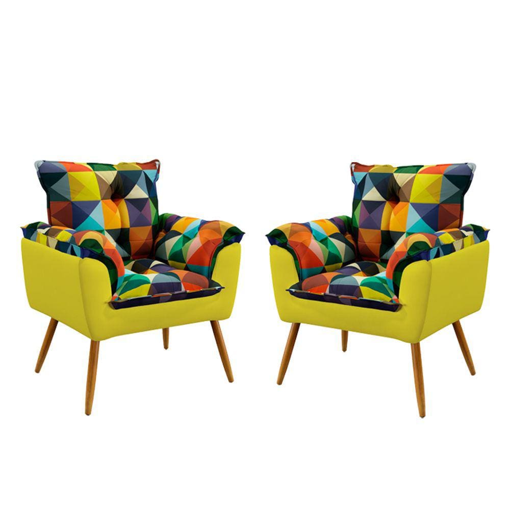 Kit 2 Poltronas Decorativas Beta Sued Estampado Colorido com Amarelo Aradecor