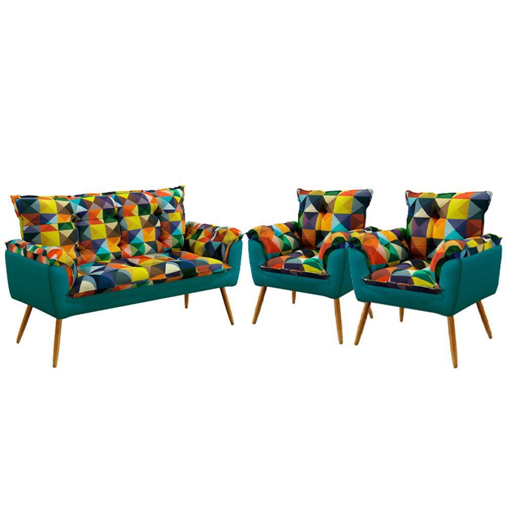 Kit Poltrona Namoradeira e 2 Poltronas Beta Sued Estampado Colorido com Azul Turquesa Aradecor