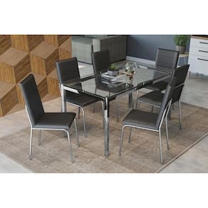 Kit Mesa Reno C- Tampo Vidro 150cm + 6 Cadeiras Amsterdã Cromado Courano Preto