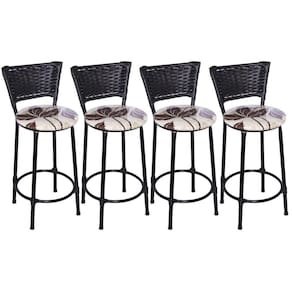 Kit 4 Banquetas Médias Preta com Encosto Junco Preto Assento Floral Marrom