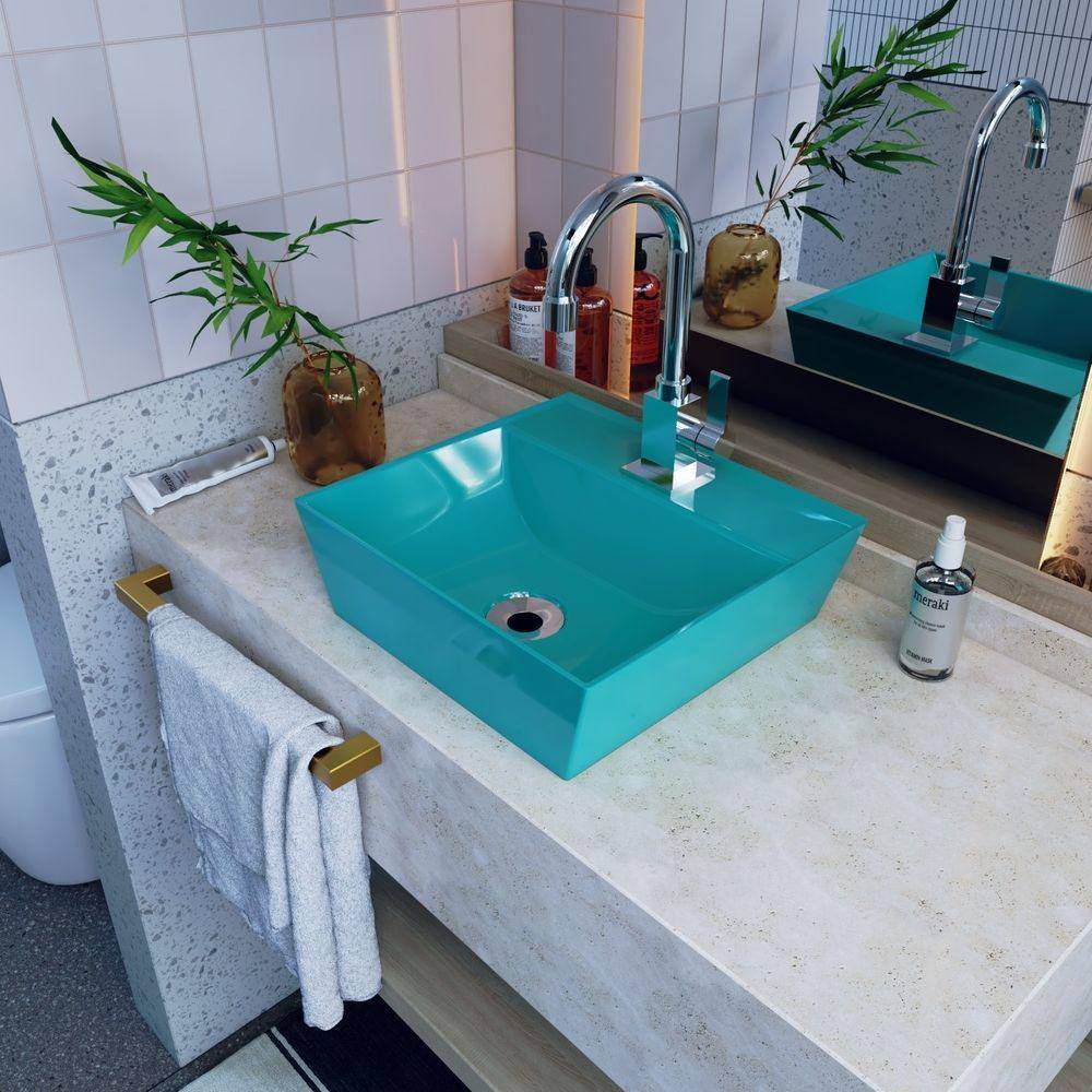 Kit Cuba Aq33 Volcano com Válvula Metal e Sifão com Flexível Azul Turquesa