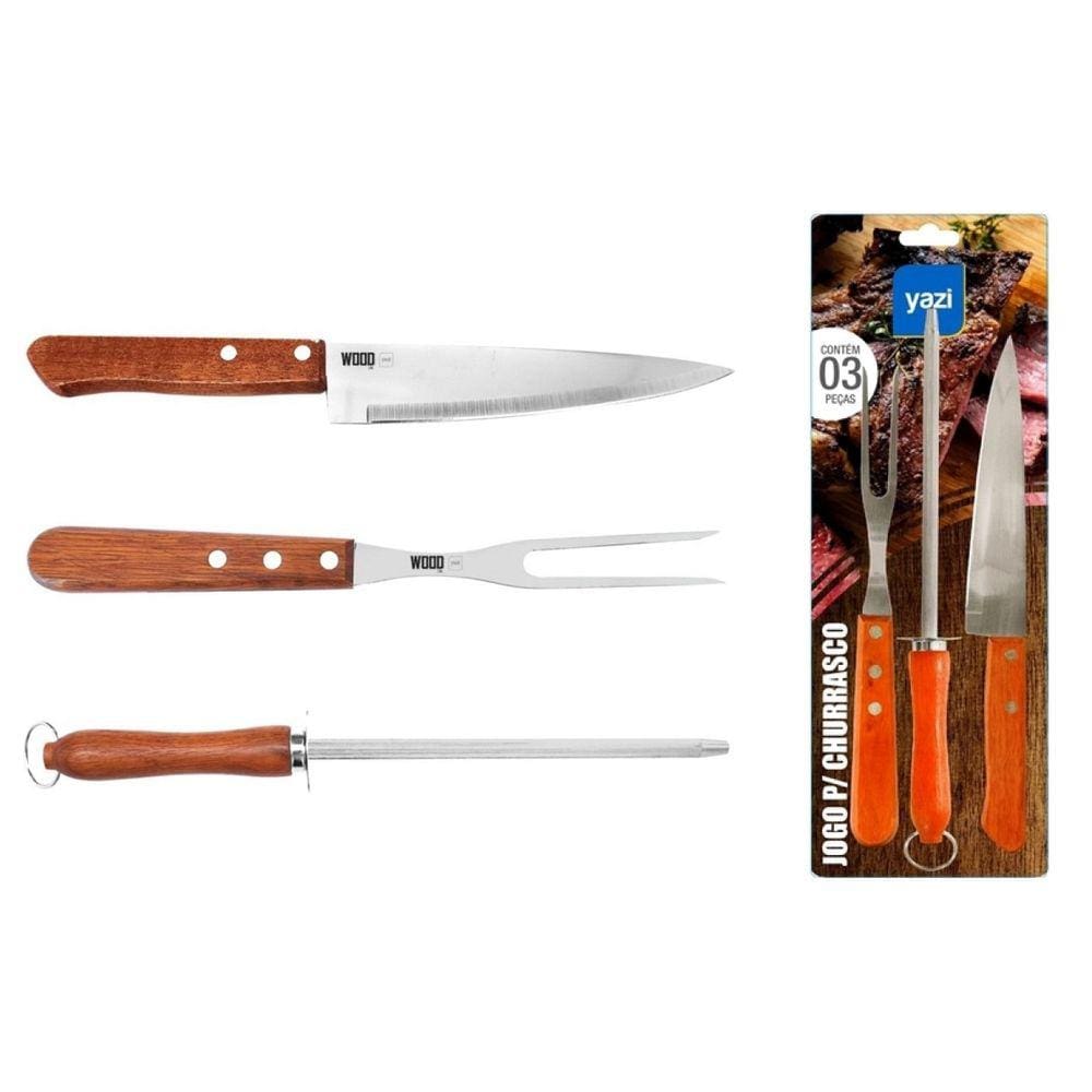 Jogo Para Churrasco 3 Peças Aço Inox Premium Wood