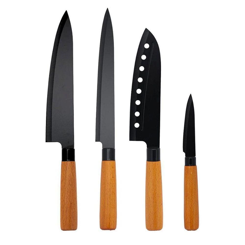 Jogo 4 Facas do Chef, Peixeira, Japonesa e Legumes Inox Premium Wood Black Cabo Madeira - Tuut