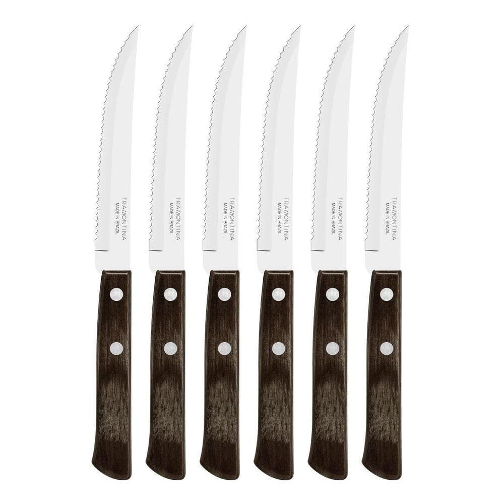 Kit 6 Facas Churrasco Tramontina Polywood Inox Cabo Castanho