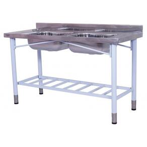 Pia Industrial Benfati Inox 430 150x60cm Pés Pintados Paneleiro Gradeado com 2 Cubas 560GR