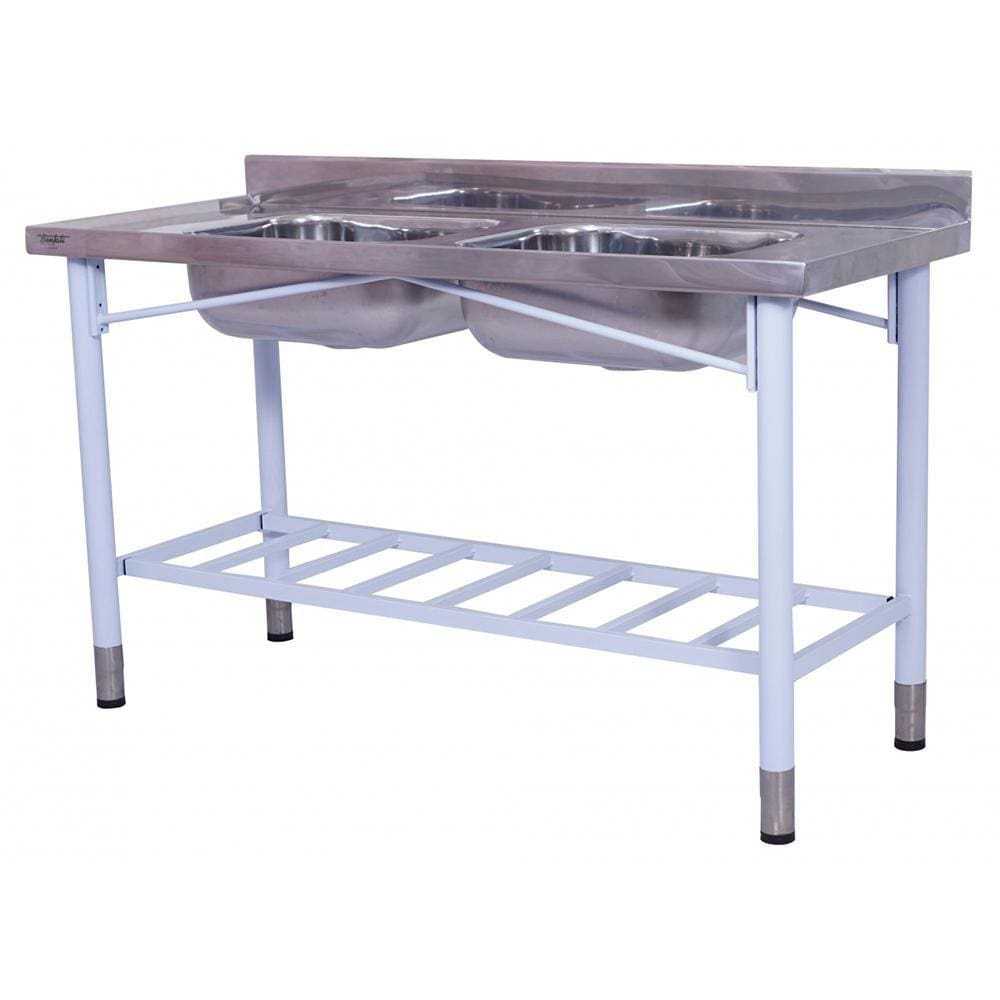 Pia Industrial Benfati Inox 430 180x60cm Pés Pintados Paneleiro Gradeado com 2 Cubas 561GR