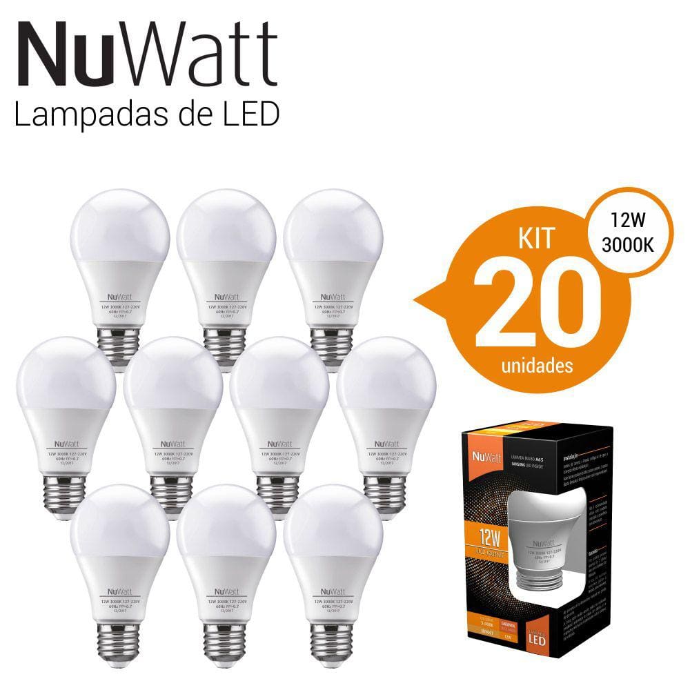 Kit 20 Lampada Led Bulbo 12w Samsung A65 E27 Luz Amare Quente Nuwatt