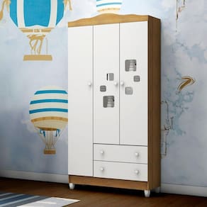 Guarda-Roupa Infantil 3 Portas 2 Gavetas Mel Branco Fosco/Amadeirado