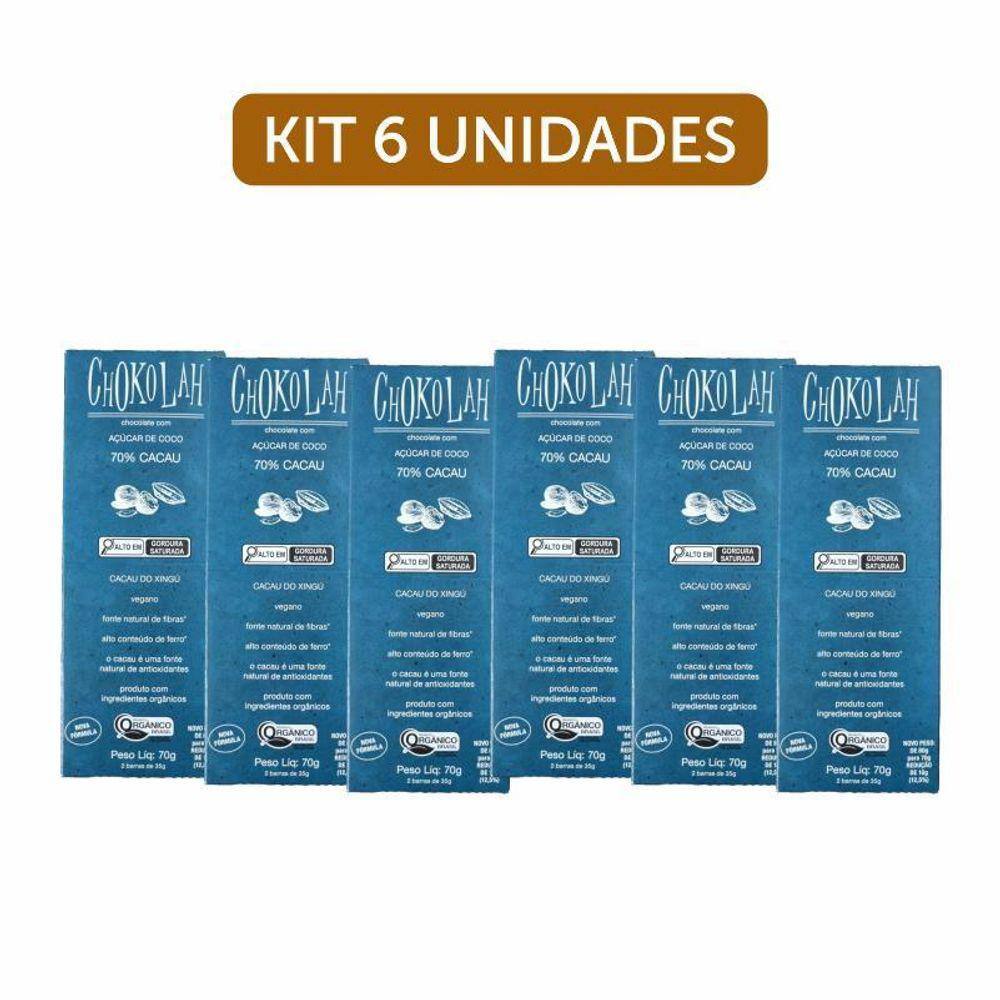 Kit 6X: Chocolate 70% Cacau Açúcar Coco Orgânico Chokolah