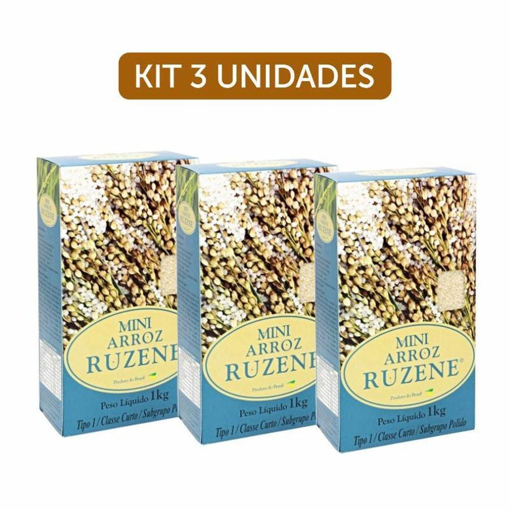 Kit 3X: Mini Arroz Integral Curto Ruzene 1Kg