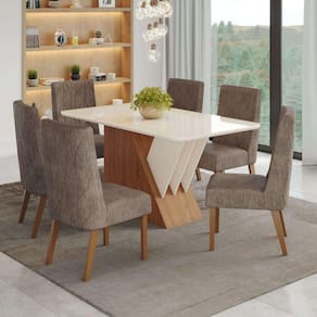 Conjunto Sala de Jantar Mesa Tampo Mdf e Vidro 6 Cadeiras Jéssica Espresso Móveis Marrom/Off White/Cacao
