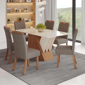 Conjunto Sala de Jantar Mesa Tampo Mdf e Vidro 6 Cadeiras Nicole Espresso Móveis Marrom/Off White/Marrom Amêndoa