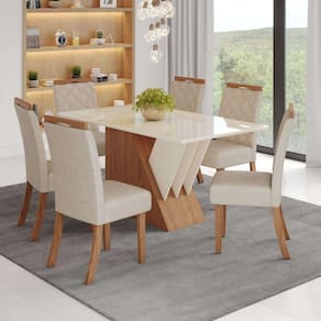 Conjunto Sala de Jantar Mesa Tampo Mdf e Vidro 6 Cadeiras Nicole Espresso Móveis Marrom/Off White