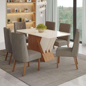 Conjunto Sala de Jantar Mesa Tampo Mdf e Vidro 6 Cadeiras Jéssica Espresso Móveis Marrom/Off White/Marrom Amêndoa