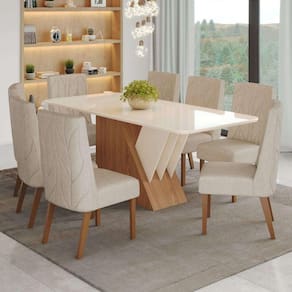 Conjunto Sala de Jantar Mesa Tampo Mdf e Vidro 8 Cadeiras Jéssica Espresso Móveis Marrom/Off White