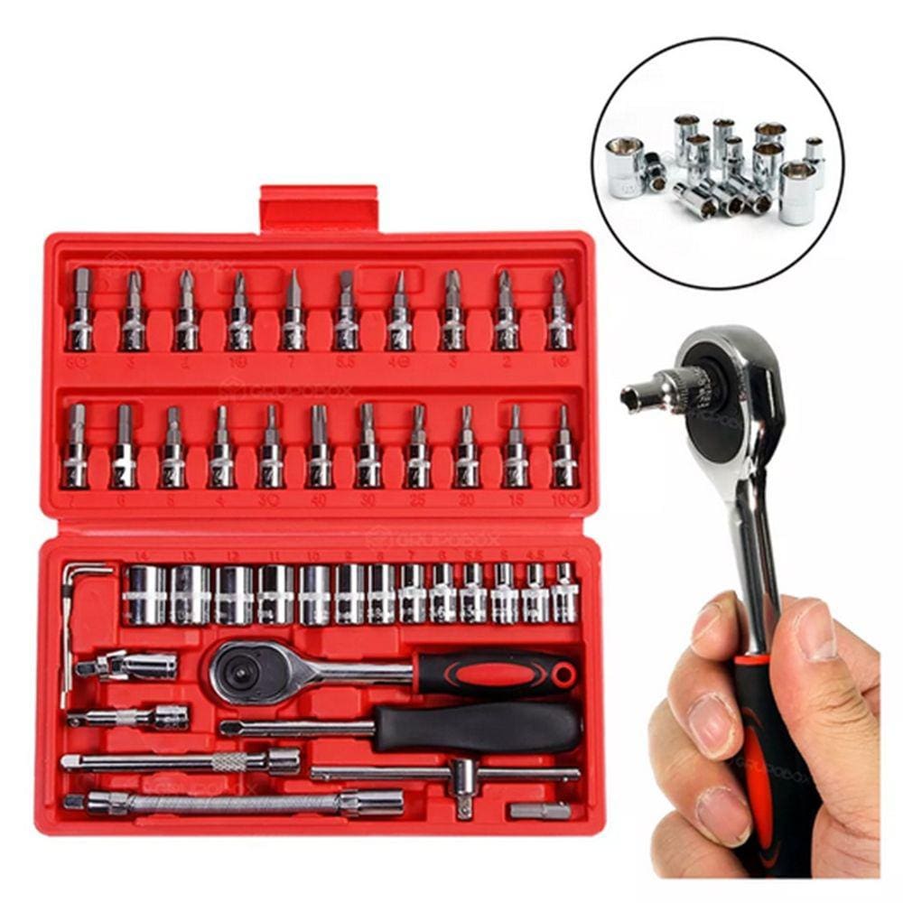 Kit c/ 46 Peças Soquete Aço Crv1/4 Kit Catraca + Chave Allen