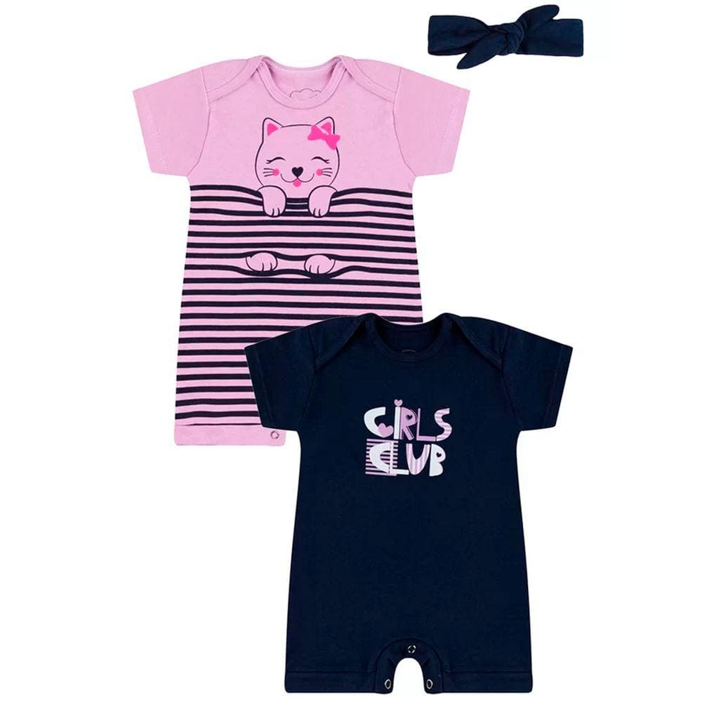 kit Macacão de bebe curto menina com 2 unidades + faixa de cabelo